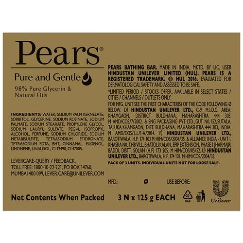 Pears Pure & Gentle Bathing Bar, 125 g (Pack of 3)