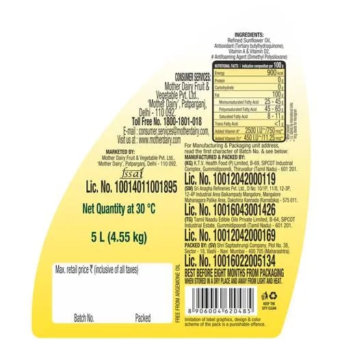 Dhara Refined - Sunflower Oil, 5 L Can