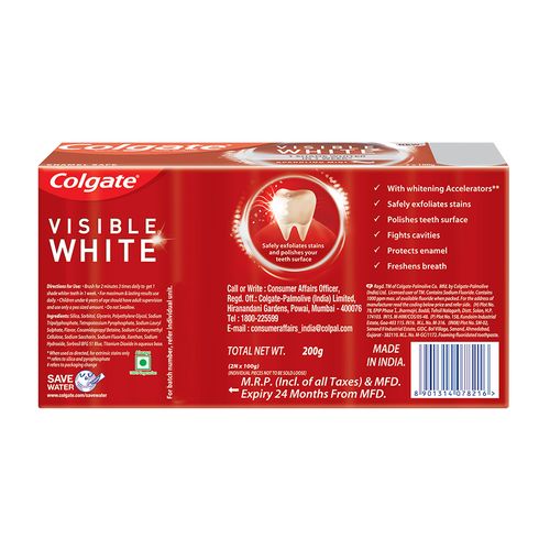 Colgate Toothpaste - Visible White, Dazzling White, Sparkling Mint, Saver Pack, 200 g